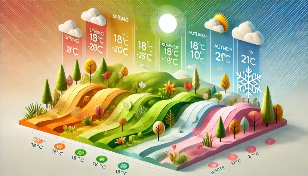 tableau graphique coloré représentant les températures idéales par saison (printemps, été, automne, hiver), avec des visuels associés (feuilles, soleil, neige, fleurs)