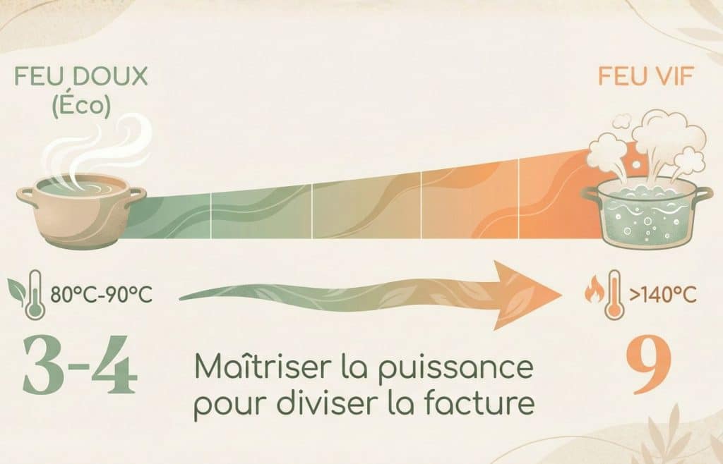 Illustration infographique visuelle résumant les correspondances entre températures de cuisson, puissance de plaque induction et usage écologique (feu doux vs feu vif).