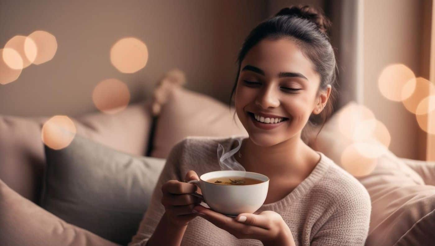 jeune femme souriante, en pleine relaxation, tenant une tasse de tisane chaude en mains, assise dans un environnement cosy avec des coussins et une lumière tamisée bien etre détente