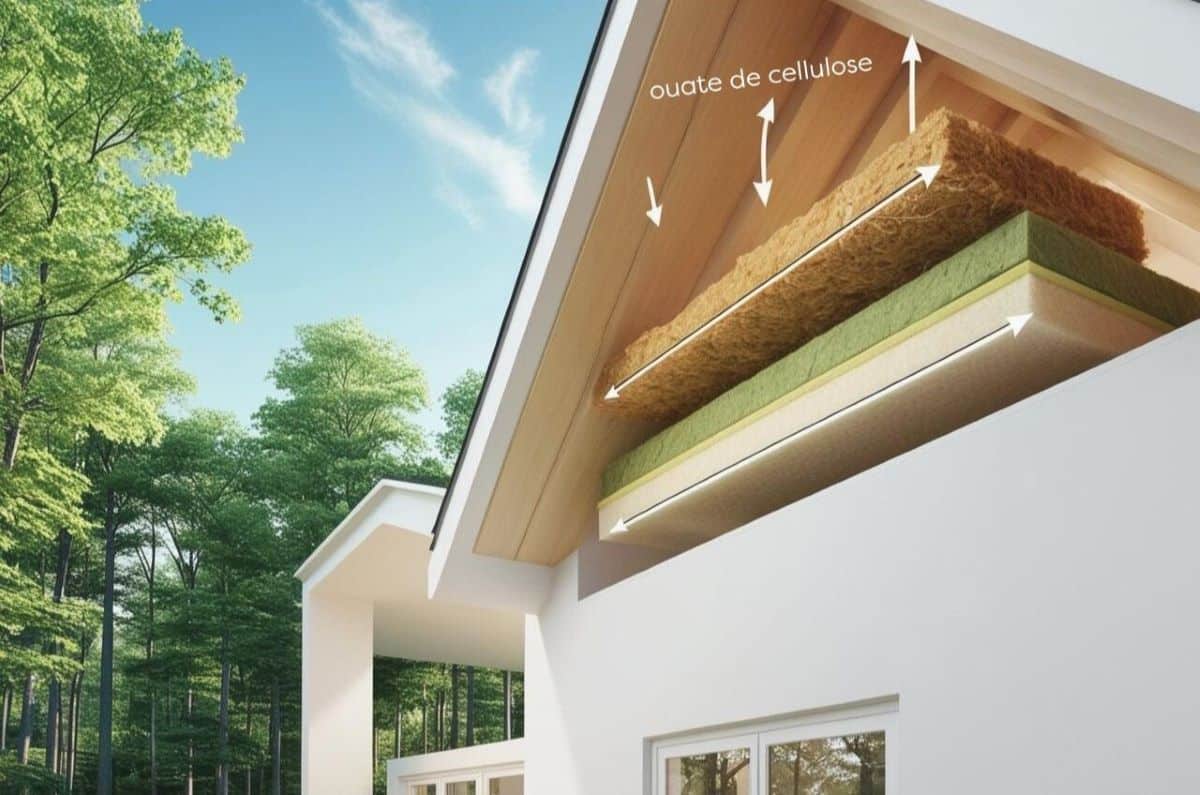 Maison en rénovation présentant plusieurs isolants naturels : laine de bois, ouate de cellulose et chanvre