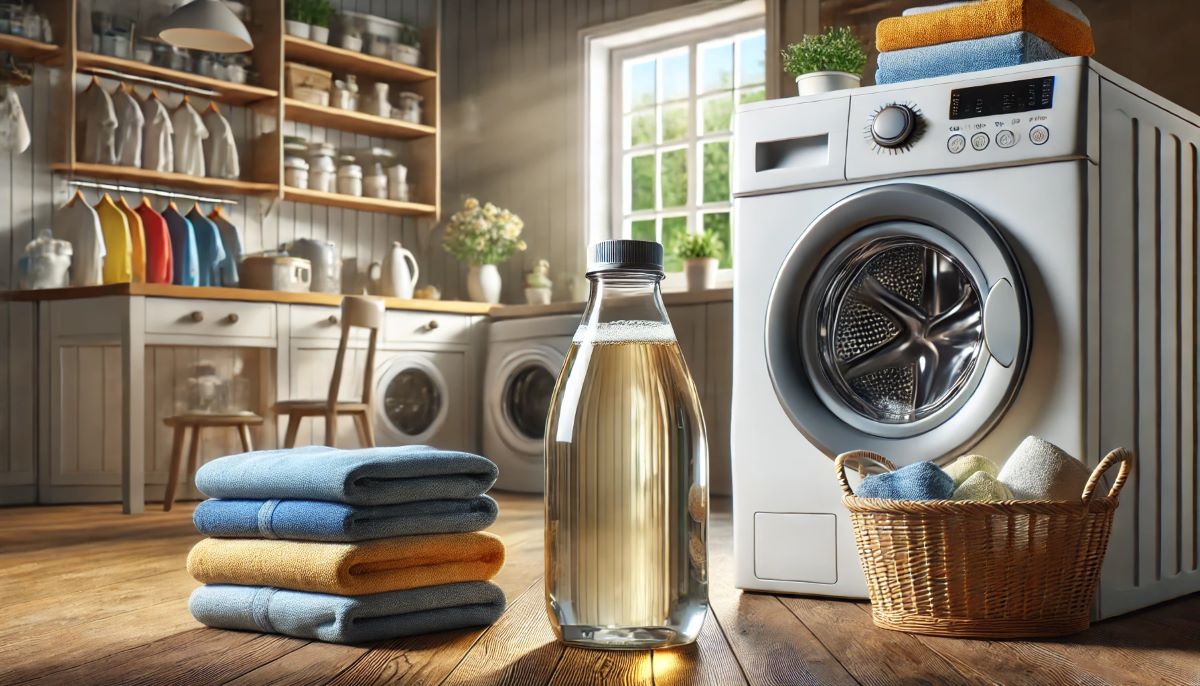 machine à laver ouverte avec du linge propre et plié à côté. En avant-plan, une bouteille de lessive maison sans aucune inscription, dans une ambiance lumineuse et organisée. Cette image met en valeur l'efficacité de la lessive maison dans un environnement domestique