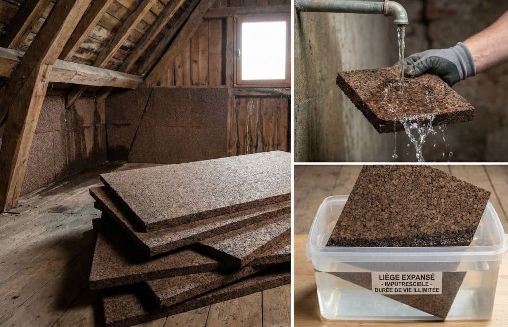 Démonstration de l'imputrescibilité du liège expansé pour l'isolation des combles : des panneaux de liège résistant parfaitement à l'eau et à l'immersion sans se dégrader, idéal pour les zones humides