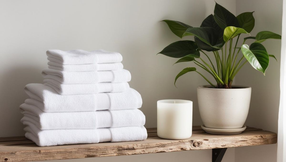 pile de linge propre (serviettes blanches, vêtements en coton) sur une étagère en bois, avec des touches naturelles comme un pot de plantes vertes ou une bougie