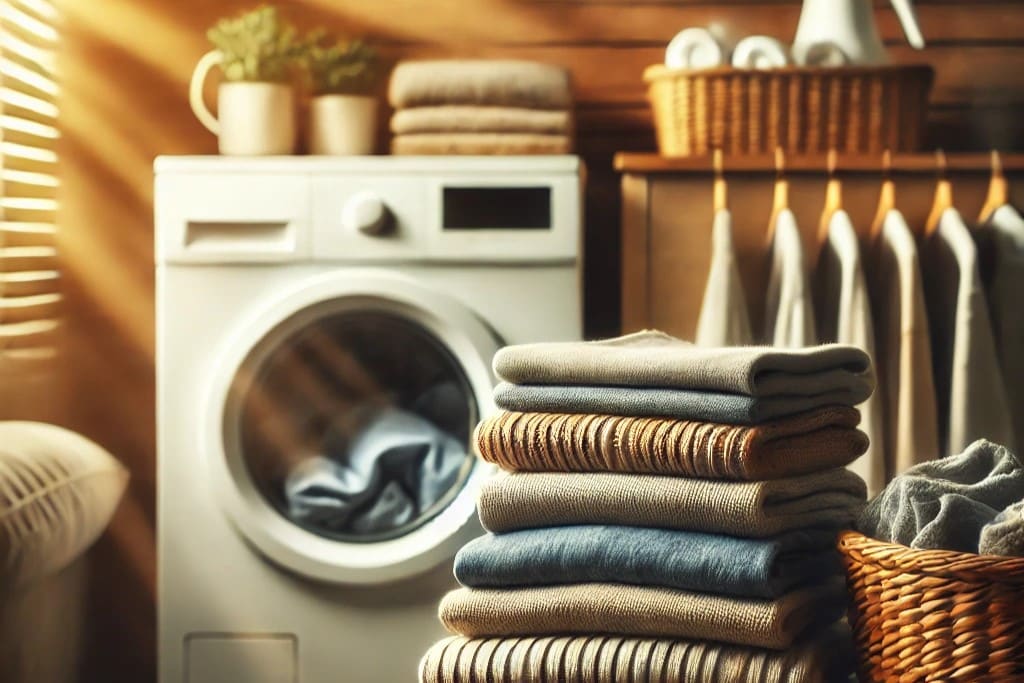 belle photo inspirante d’une pile de linge frais et bien plié, avec une lumière naturelle et un cadre chaleureux buanderie