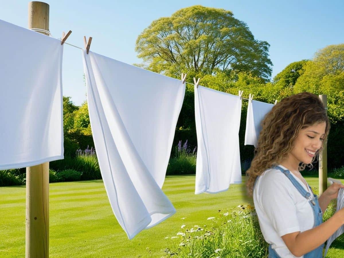 femme éend le linge orde à linge tendue dans un jardin ensoleillé, avec des draps blancs immaculés qui flottent légèrement au vent. En arrière-plan, une pelouse verdoyante, des arbres, et un ciel bleu clair pour évoquer une sensation de fraîcheur et de pureté