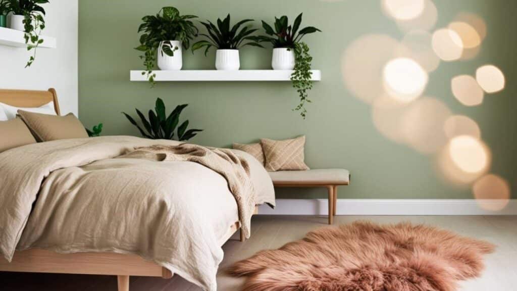 chambre lumineuse avec un mur vert sauge, un lit en bois clair, des draps en lin beige et des plantes vertes sur des étagères murales. Un grand tapis en laine apporte une touche cocooning