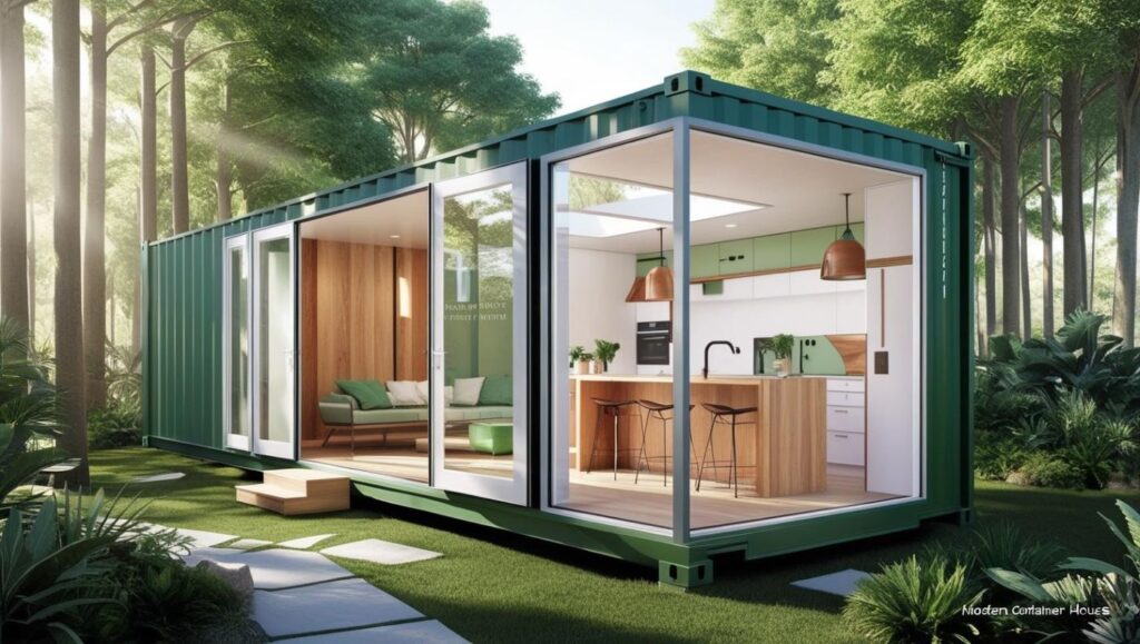 Une maison container moderne en pleine nature, avec de grandes baies vitrées laissant entrevoir un intérieur design et lumineux.