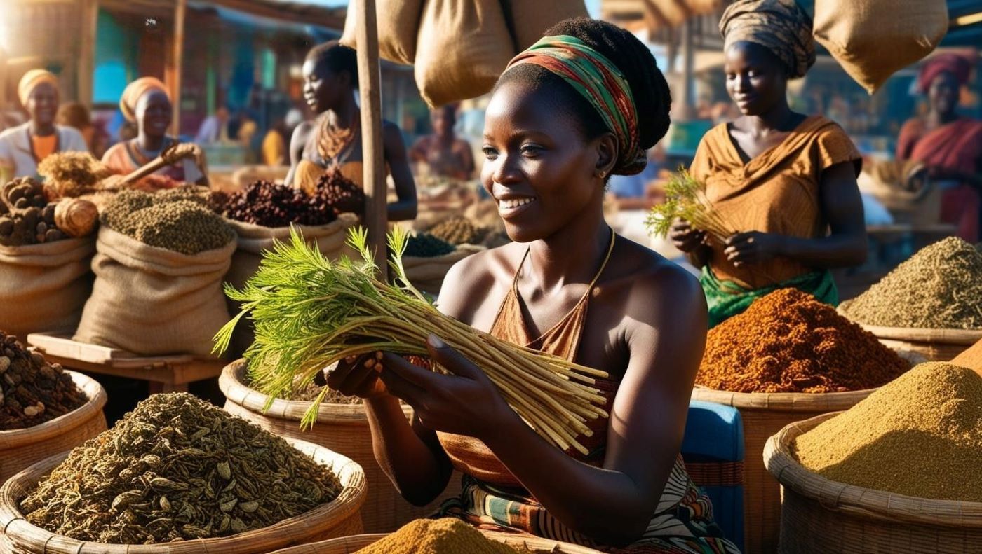 femme africaine dans un marché traditionnel, tenant des tiges de Khamaré, avec des sacs d’herbes médicinales en arrière-plan culture medecinale