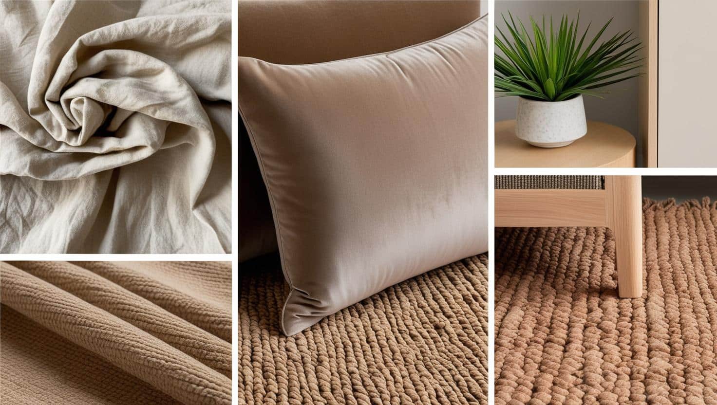 Draps en lin beige froissé, pour illustrer la douceur naturelle.
Un coussin en velours taupe, ajoutant une texture élégante.
Un tapis berbère aux nuances neutres, renforçant le côté chaleureux.
Un meuble en bois clair associé à une plante verte