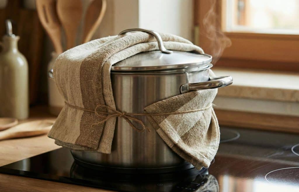 Gros plan sur une marmite couverte et enveloppée dans un torchon sur une plaque de cuisson éteinte, illustrant la technique économe de la cuisson passive.