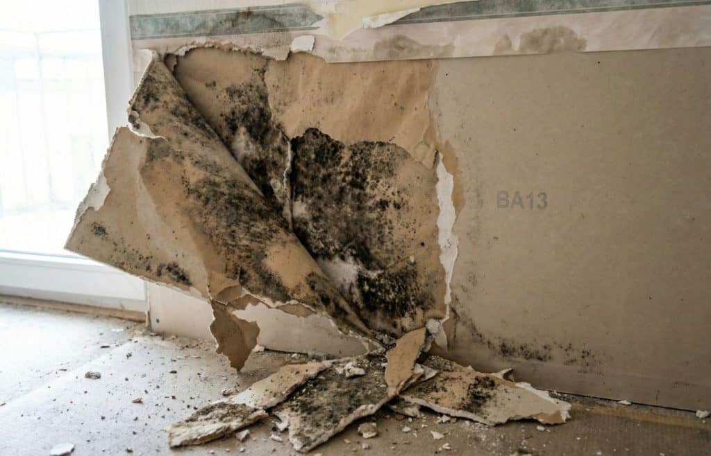 Dégâts de moisissure sur mur en placo BA13 montrant la contamination profonde du plâtre par l'humidité