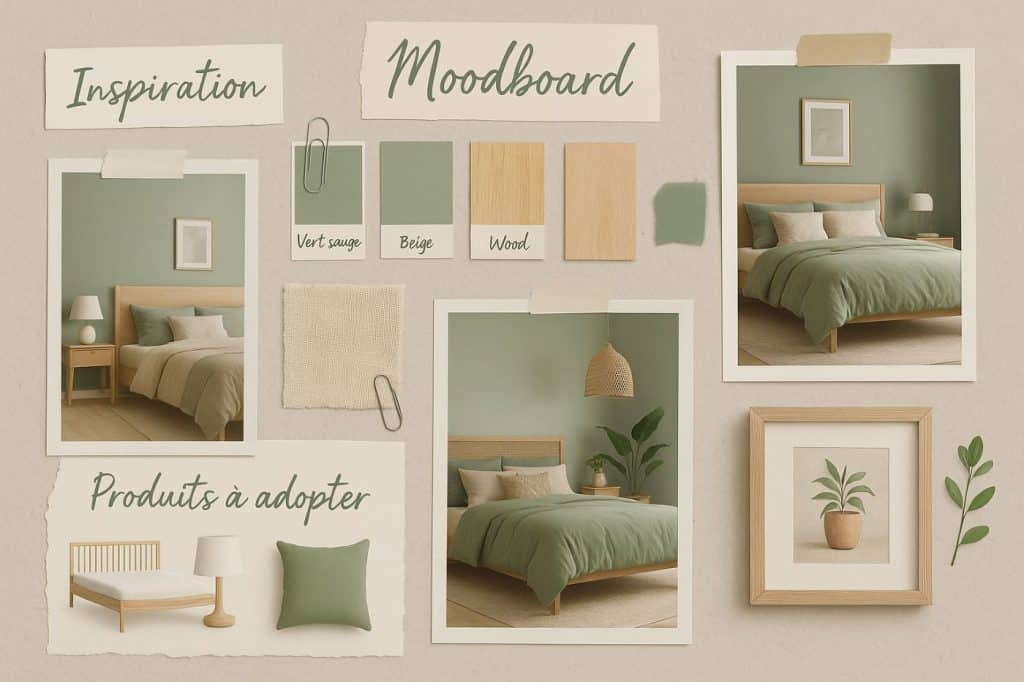 Moodboard déco style scrapbooking avec exemples de chambres vert sauge et bois, échantillons de couleurs, textures naturelles et produits recommandés pour une ambiance apaisante