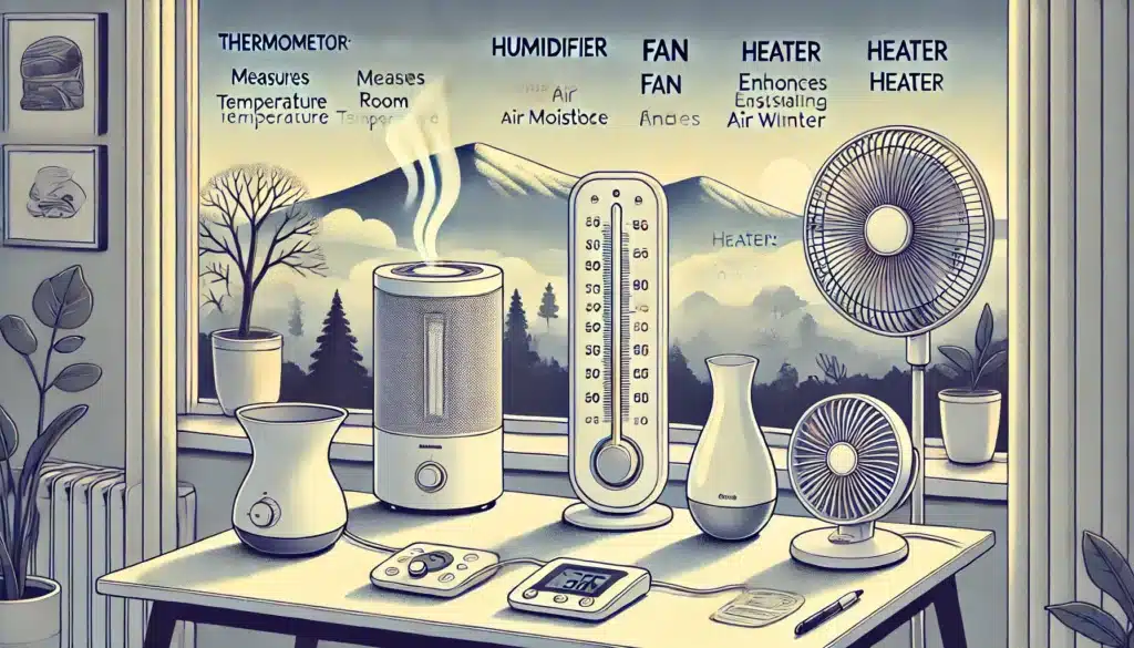 outils comme un thermomètre d’intérieur, un humidificateur, un ventilateur et un chauffage d’appoint, posés sur une table avec des légendes explicatives