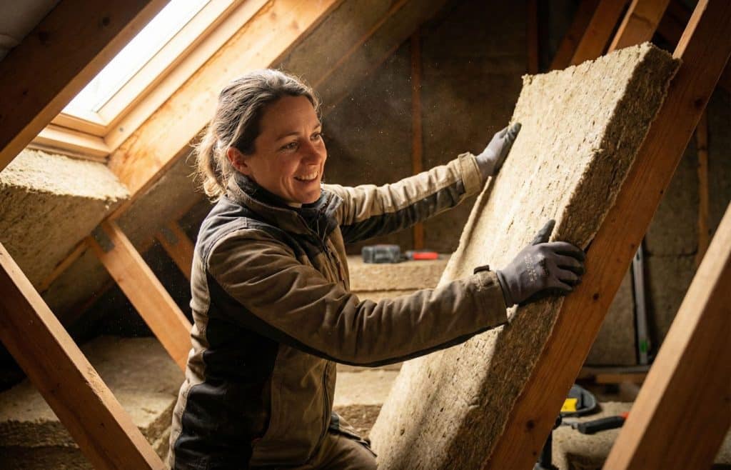 femme installe des panneaux de laine de bois pour une isolation écologique des combles. Une solution biosourcée performante pour le confort d'été et d'hiver.