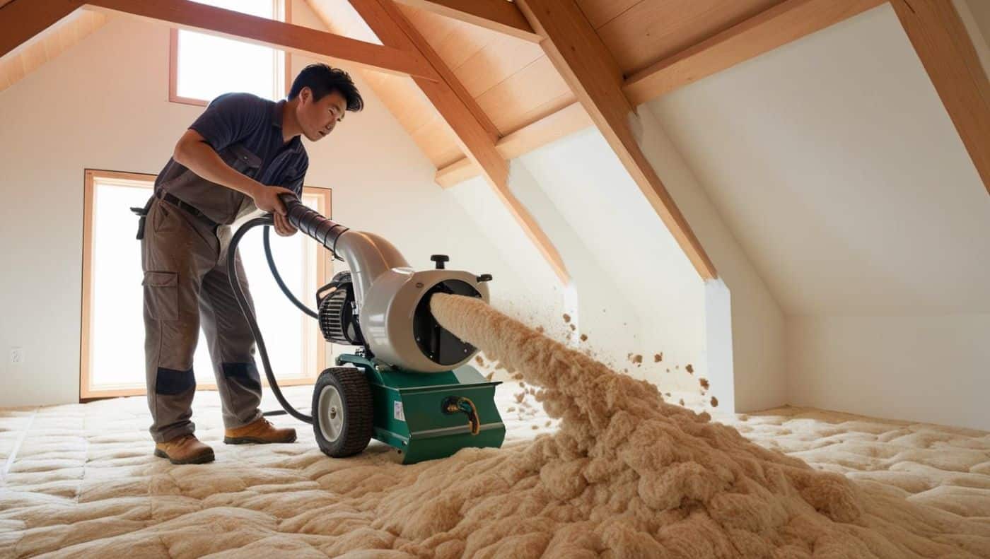 artisan en tenue de travail souffle de la ouate de cellulose dans des combles. Les poutres en bois sont visibles, et une lumière naturelle traverse une petite fenêtre, montrant un environnement propre et organisé. Le focus est mis sur la machine de soufflage et l’homogénéité de l’isolation