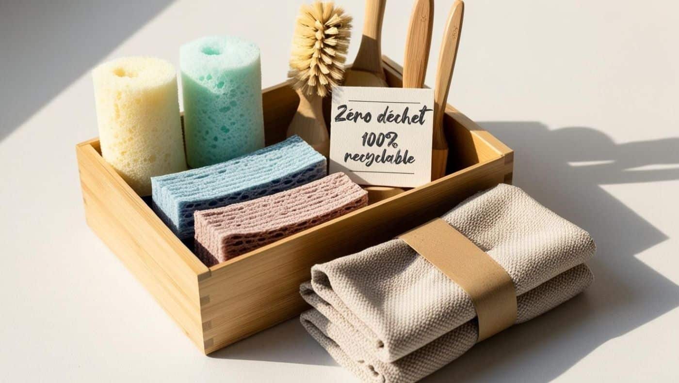 kit d’outils durables pour le ménage :

Des éponges lavables, des brosses en bois avec des poils naturels, et des chiffons en coton réutilisables.
Une boîte de rangement en bambou