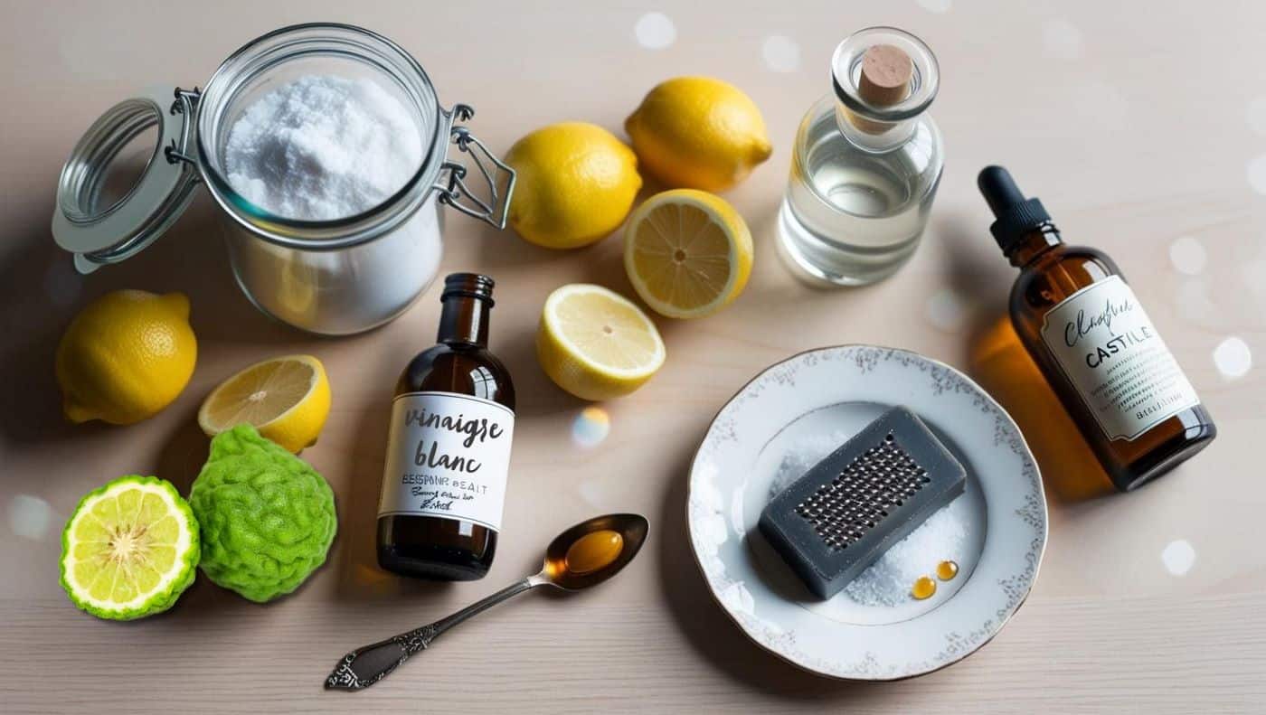 vue aérienne d’un ensemble d’ingrédients naturels sur une surface de bois clair :

Bicarbonate de soude dans un bocal en verre.
Vinaigre blanc dans une bouteille simple avec une étiquette manuscrite.
Citrons frais coupés en deux avec un petit bol de sel à côté.
Un savon noir solide, accompagné d’une râpe.
Quelques gouttes d’huile essentielle