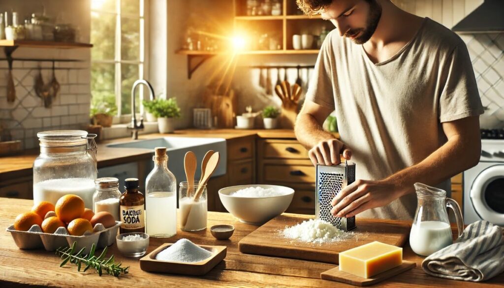 homme préparant sa lessive maison. La scène capture l'instant où il râpe du savon de Marseille, avec des ingrédients naturels comme le bicarbonate de soude et le vinaigre blanc soigneusement disposés autour de lui. L'ambiance lumineuse et chaleureuse reflète la simplicité et l'éco-responsabilité de cette tâche quotidienne