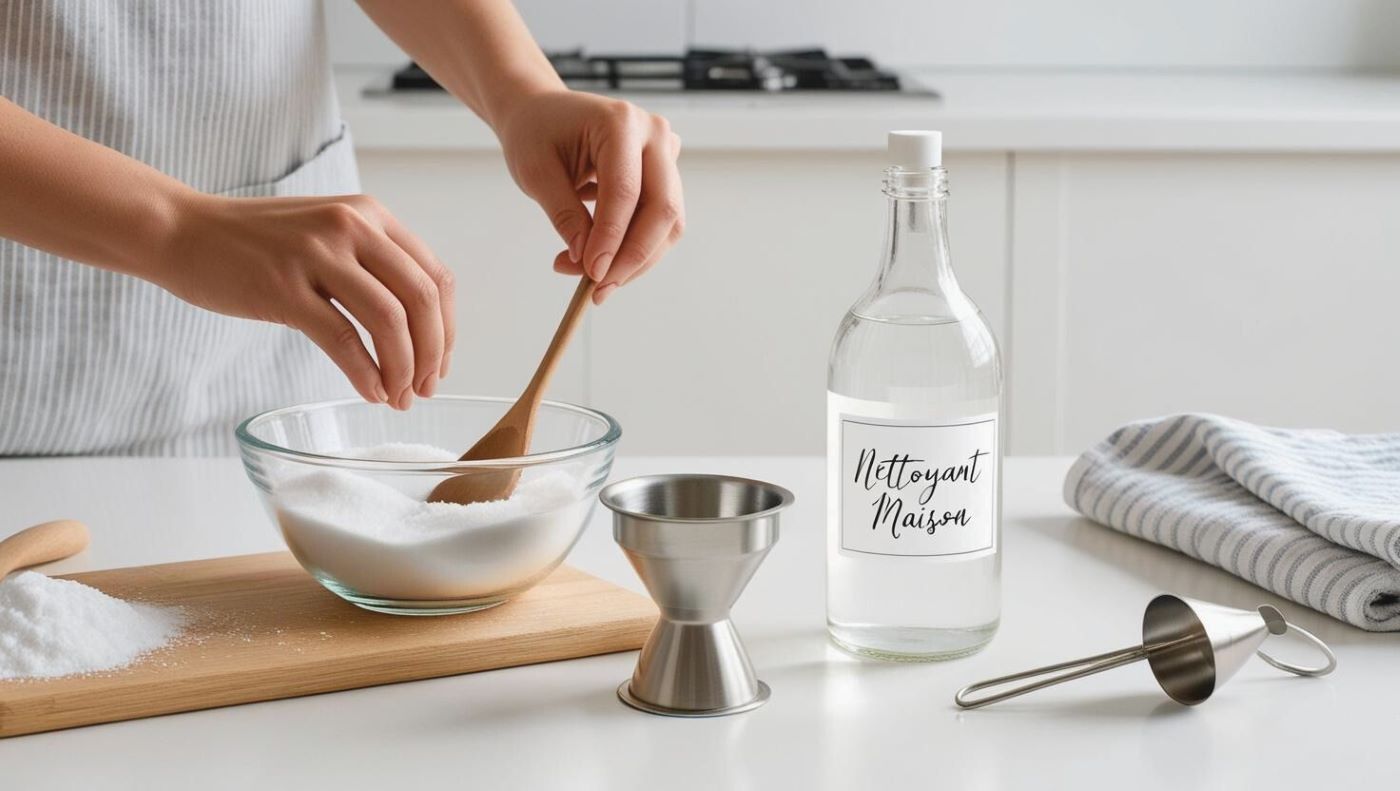 plan de travail montrant une recette en cours de préparation :

Une personne mélangeant du bicarbonate de soude avec du vinaigre blanc dans un bol.
Une petite étiquette manuscrite sur une bouteille vide avec écrit "Nettoyant maison"