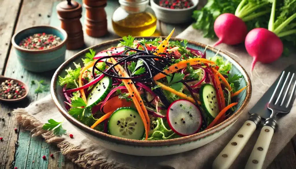 salade végétarienne fraiche composée radis noir râpé légume colorés concombre carotte bol élégant yummi