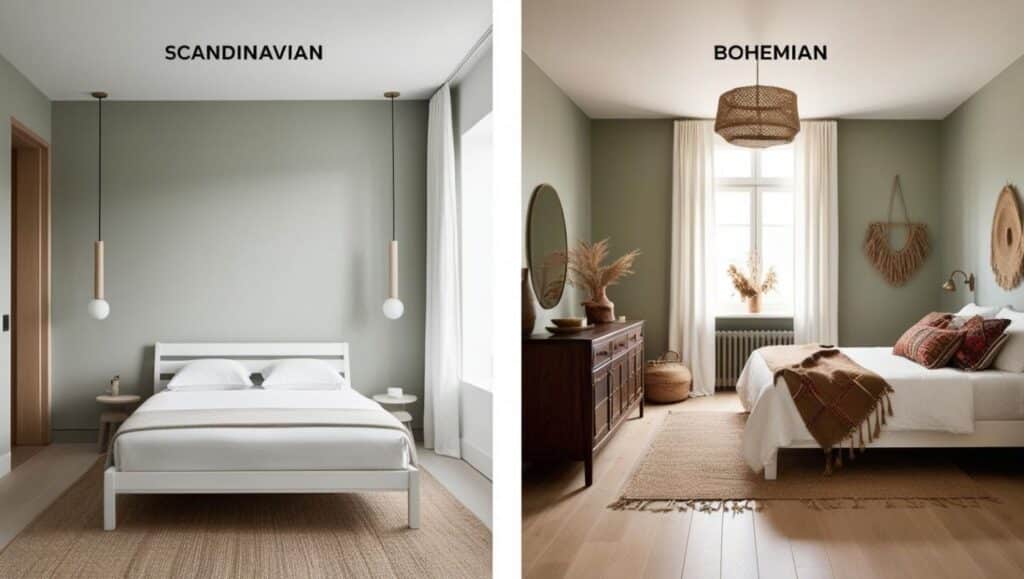 Chambre en style scandinave vs style bohème avec vert sauge et bois
Deux chambres comparées :

Style scandinave : Mobilier épuré, blanc et bois clair, minimaliste.
Style bohème : Tapis en jute, coussins à motifs ethniques, mobilier en bois foncé