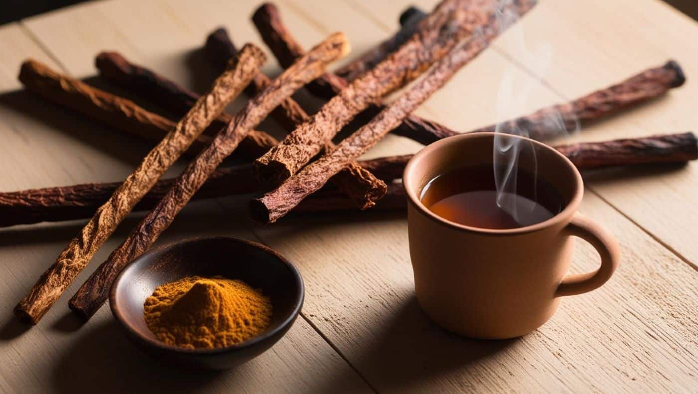 bâtons de Khamaré séchés posés sur une table en bois naturel, avec un éclairage doux qui met en valeur leur texture. À côté, un petit bol contenant de la poudre de Khamaré et une tasse d’infusion fumante