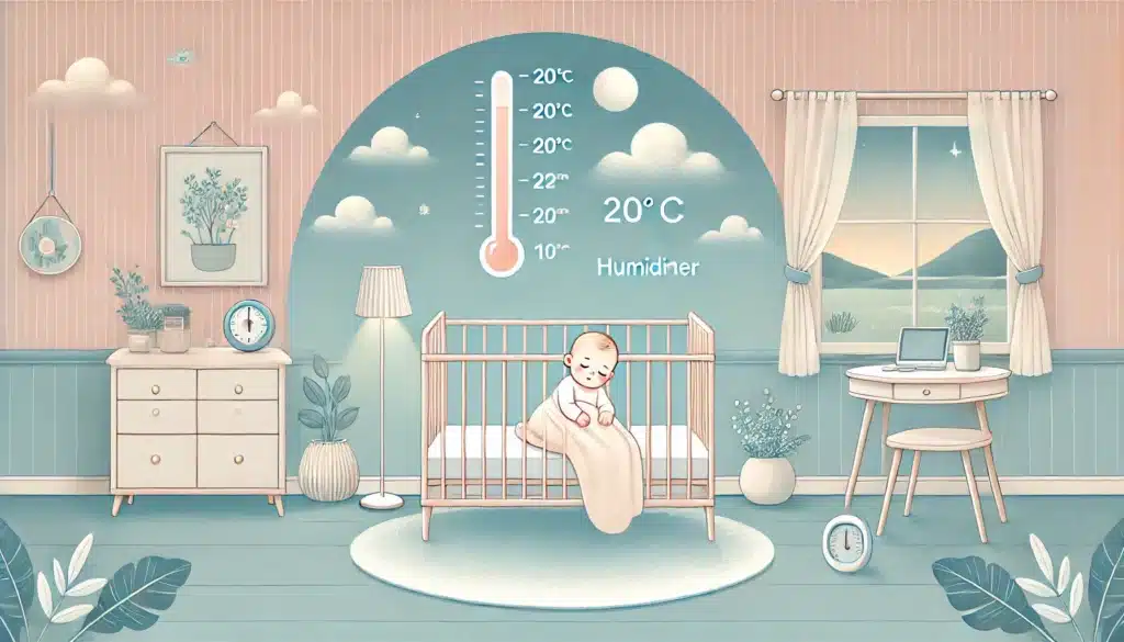 bébé paisiblement endormi dans une chambre bien ventilée, avec un thermomètre montrant entre 20°C et 22°C et des éléments comme une couverture légère et un humidimètre