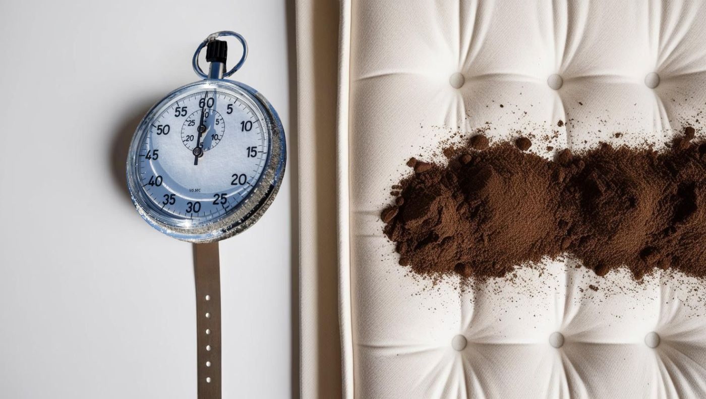 photo mettant en scène un chronomètre ou une horloge à côté d'un matelas saupoudré de terre de Sommières, symbolisant le temps de pause