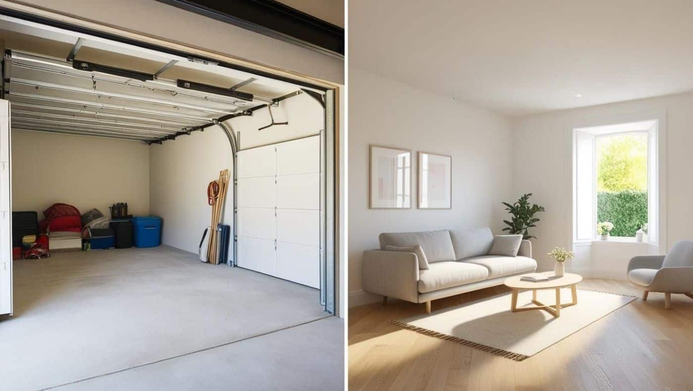 garage classique avec sol en béton, objets entassés et porte basculante. À droite, une pièce lumineuse avec parquet, murs clairs, mobilier moderne (canapé, table basse) et une grande baie vitrée