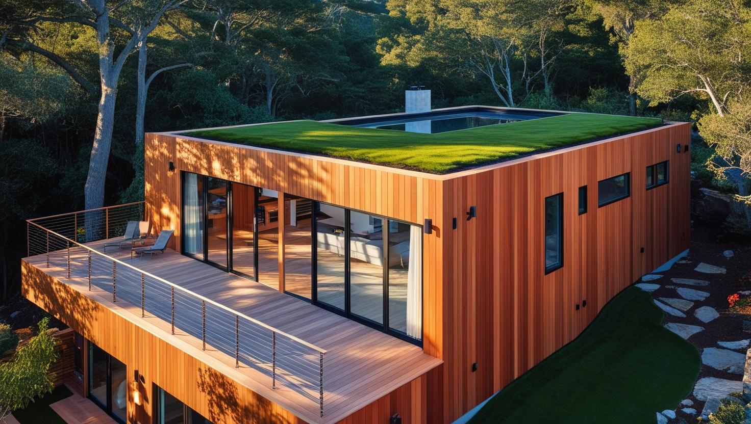 Maison à Toit Plat en Bois Contemporain toit végétalisé partiel, combiné à un espace terrasse environnement boisé baies vitrées