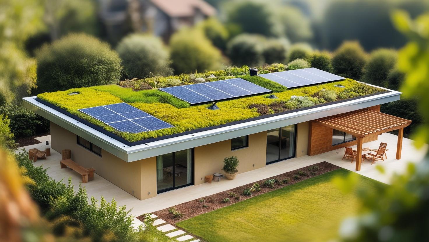 maison à toit plat avec un toit végétalisé, mettant en avant les avantages écologiques et l’isolation thermique panneaux solaires intégrés matériaux naturels bois, enduit à la chaux jardin avec pergola