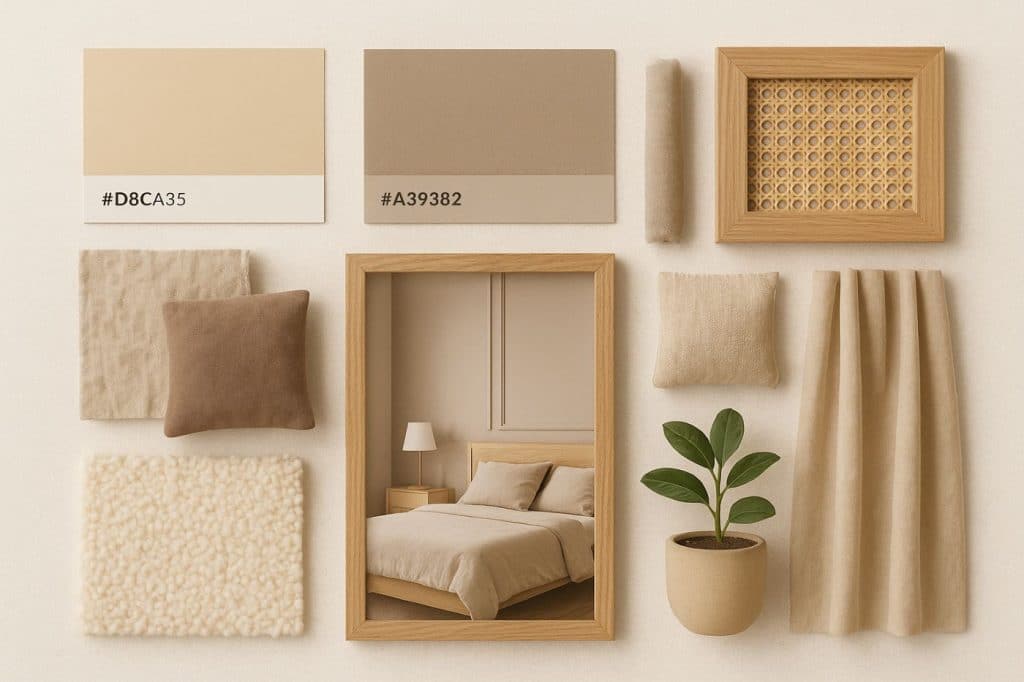 Moodboard décoration chambre adulte beige et taupe avec nuanciers de couleurs, textures en lin et velours, bois clair, coussins, rideaux et mise en situation d’un lit en bois clair.