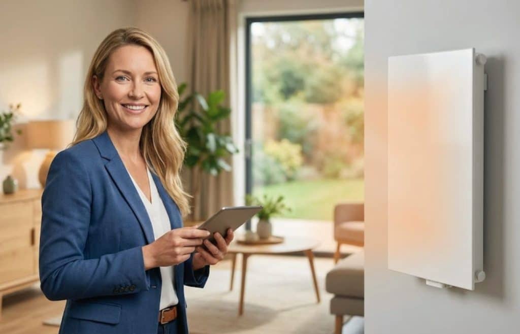 radiateur à inertie céramique de 1000W dans un intérieur moderne et chaleureux.