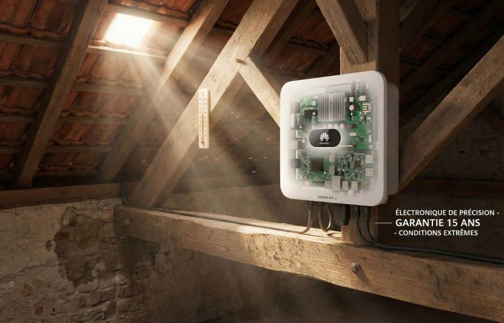 Vue éclatée de l'électronique d'un onduleur solaire Huawei SUN2000-3KTL-L1 installé dans des combles, illustrant la résistance aux conditions extrêmes et la garantie de 15 ans.
