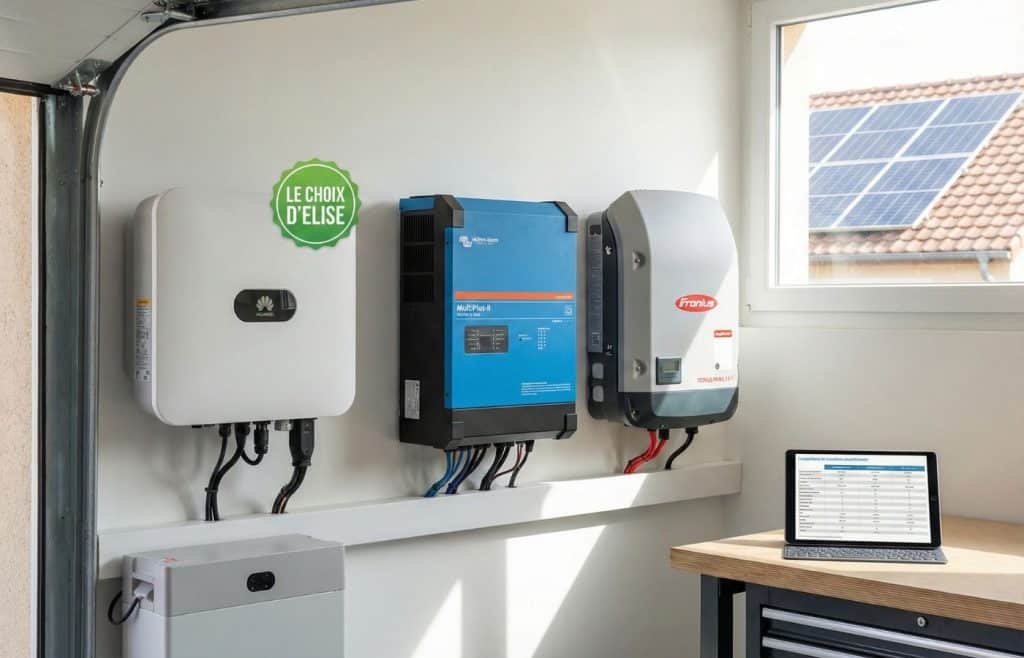 Comparatif visuel des meilleurs onduleurs solaires 3kW : modèles Huawei SUN2000, Victron MultiPlus-II et Fronius Primo installés dans un garage.