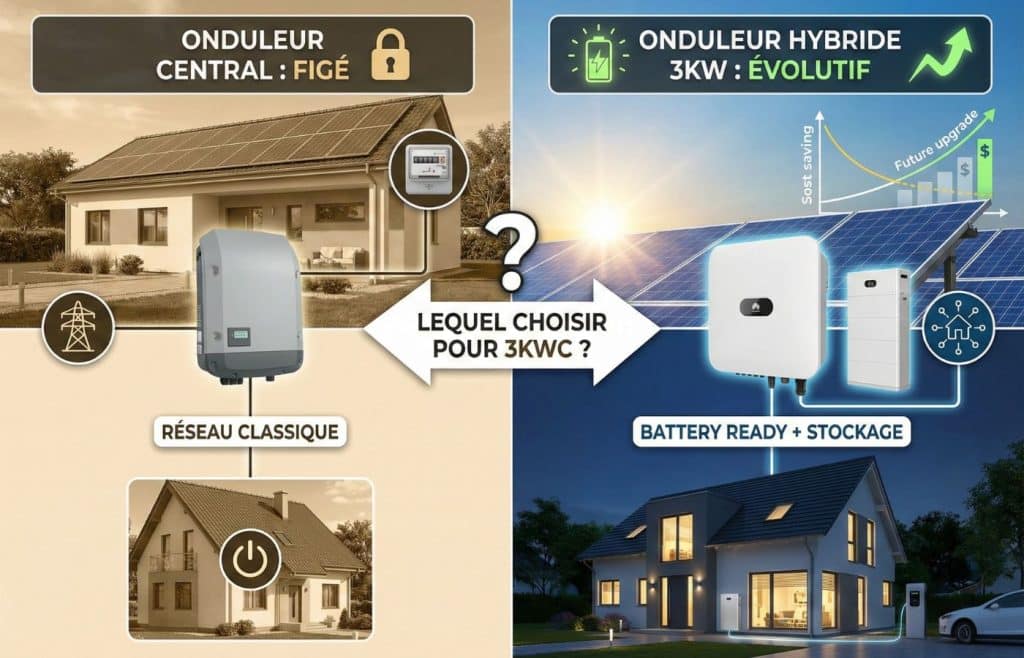 Schéma comparatif entre un onduleur central classique figé et un onduleur hybride 3kW évolutif avec batterie de stockage pour une installation photovoltaïque.