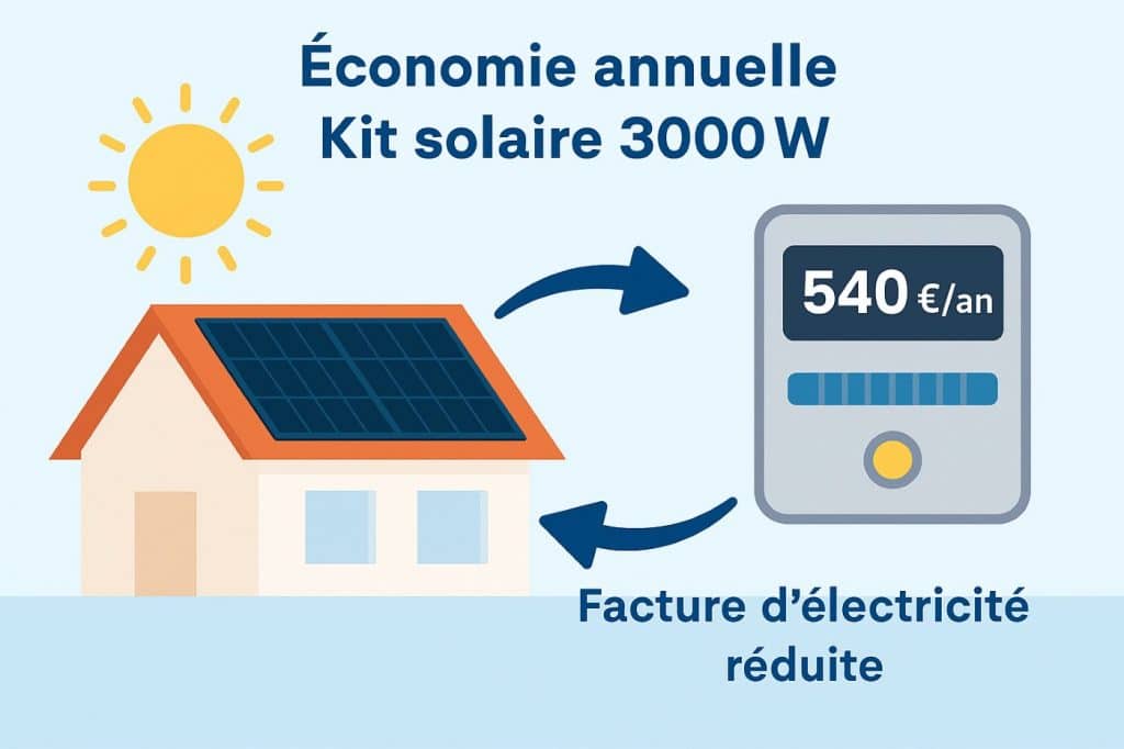 Graphique montrant les économies annuelles générées par un kit solaire 3000W en autoconsommation avec batterie
