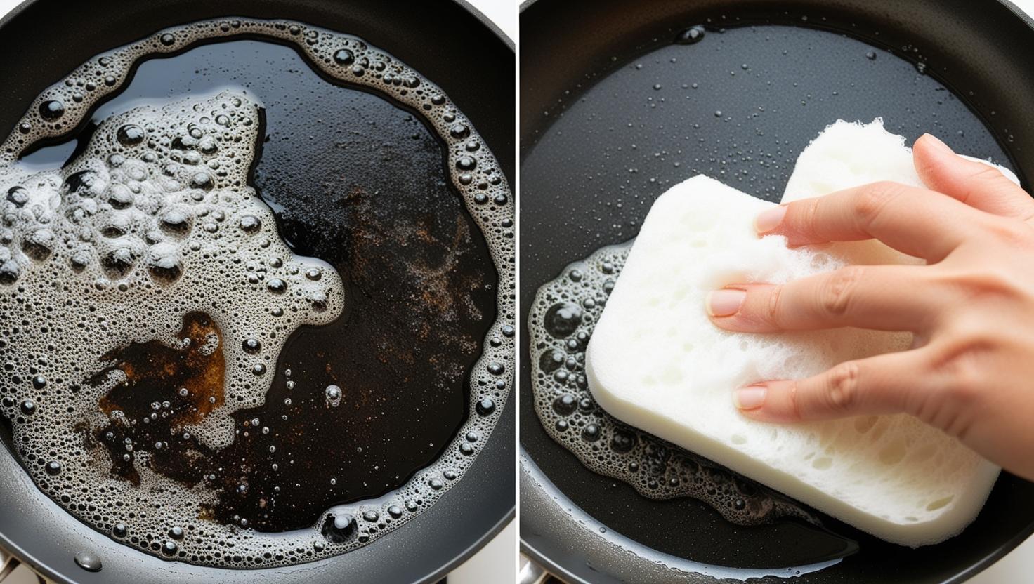 Nettoyage d’un Fond de Casserole Brûlé casserole encrassée remplie d’eau chaude avec des cristaux de soude en train d’agir (des petites bulles de réaction visibles).
Avant/après visible : Une éponge en train de frotter doucement, révélant une surface propre