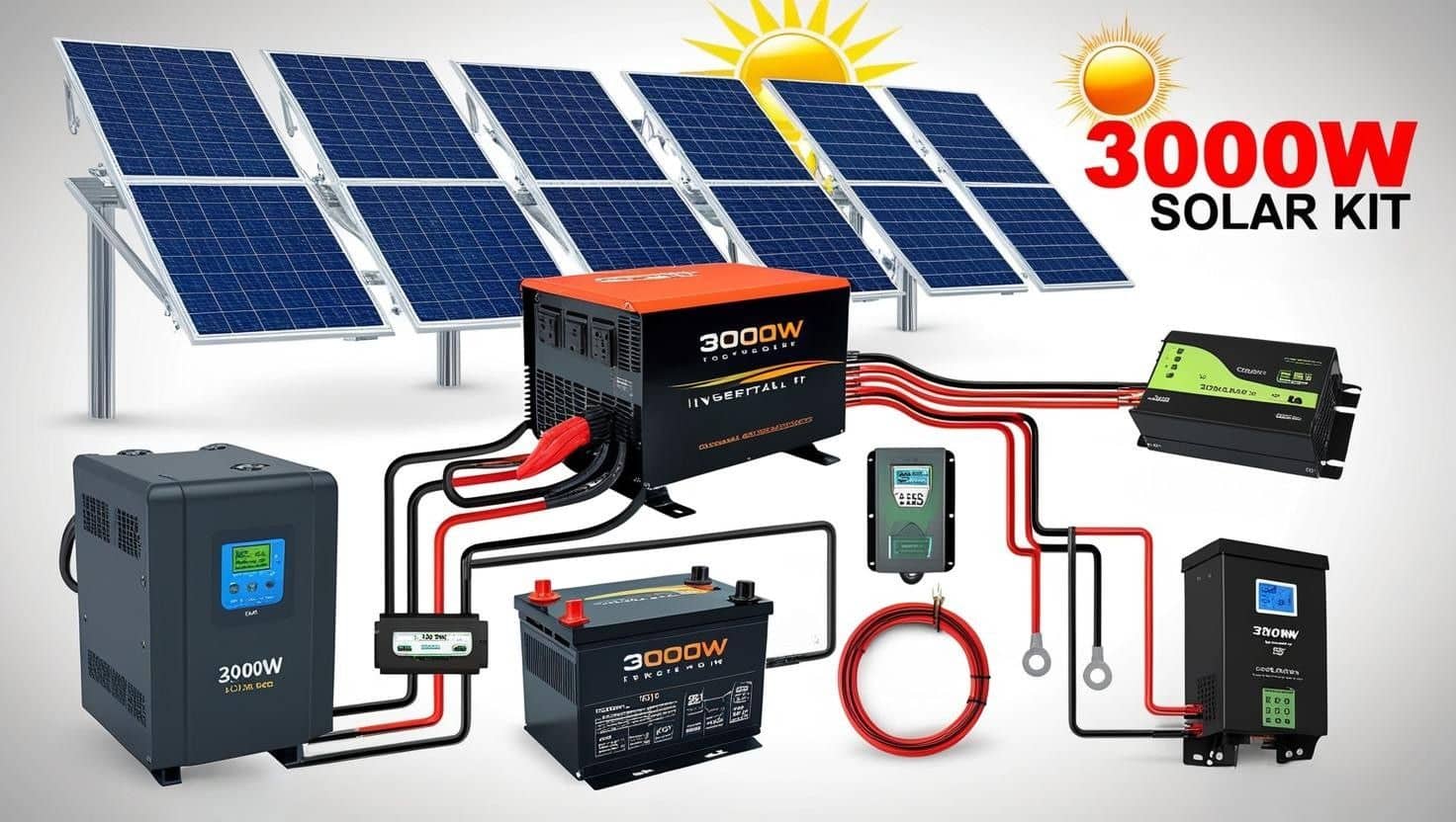 illustration détaillée présentant les composants essentiels d’un kit solaire 3000W : Panneaux solaires
Onduleur
Batterie de stockage (optionnelle)
Structure de fixation
Câblage et compteur d’énergie