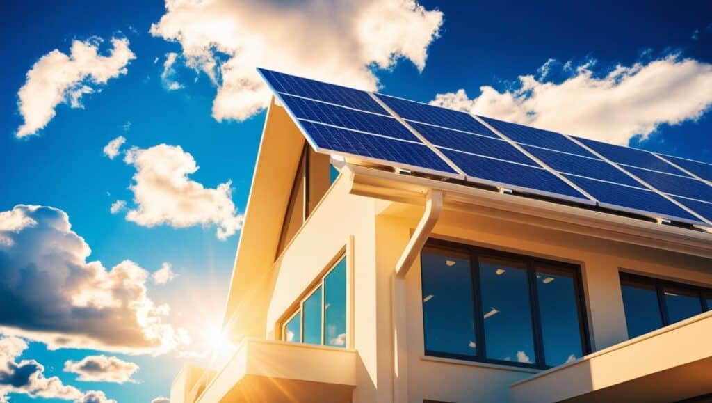 installation panneaux solaires sur le toit d’une maison moderne sous un ciel bleu éclatant rayon soleil