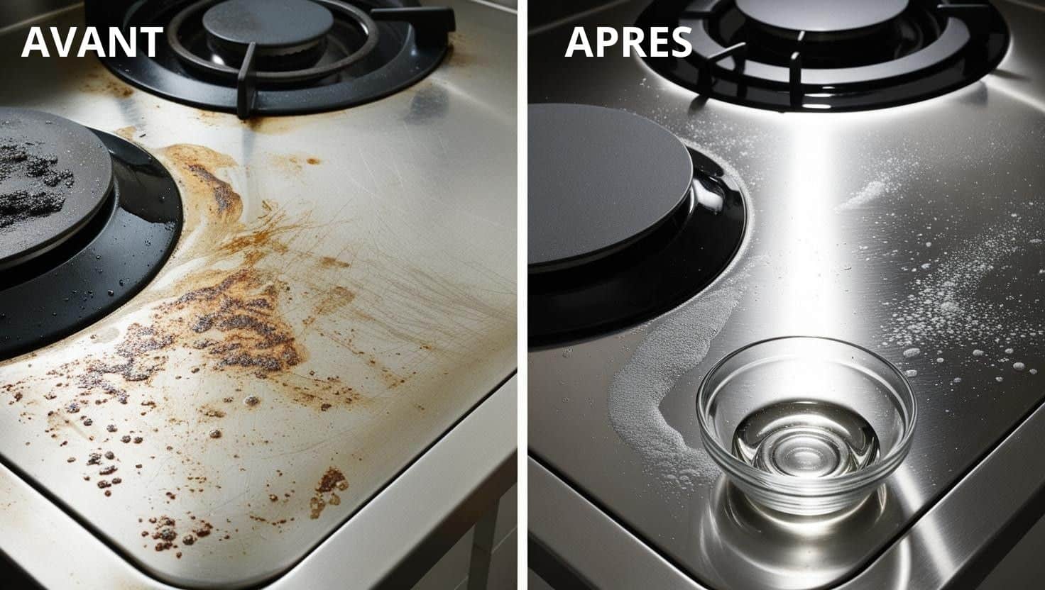 Avant/Après : Dégraissage d’une Surface de Cuisine ôté gauche : Une plaque de cuisson encrassée avec des taches de graisse tenaces.
Côté droit : La même plaque après nettoyage avec des cristaux de soude, brillante et impeccable.
Petit bol contenant la solution de cristaux de soude