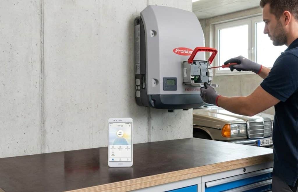 L'onduleur solaire Fronius Primo 3.0 soulignant sa qualité autrichienne, sa durabilité de 20 ans et sa facilité de réparation par un technicien
