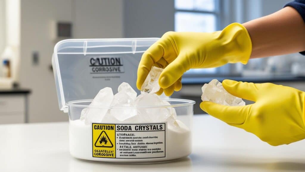 personne portant des gants en caoutchouc et des lunettes de protection, manipulant des cristaux de soude en toute sécurité. Un pictogramme "attention corrosif