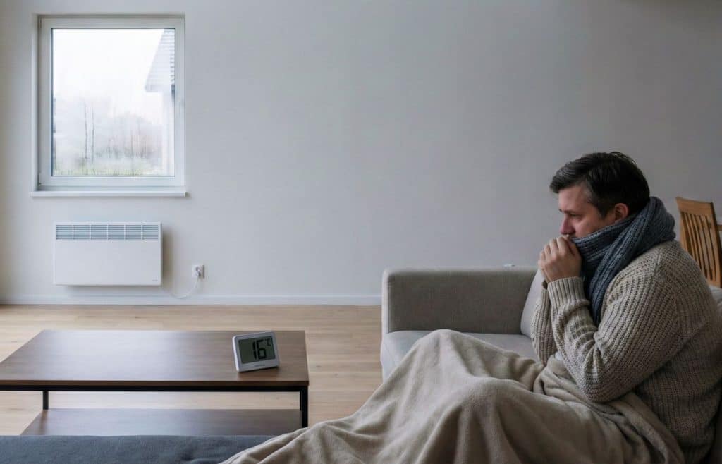 Un homme emmitouflé grelotte dans un grand salon, illustrant l'inconfort et l'erreur thermique de sous-dimensionner un radiateur 1000W pour une grande surface.