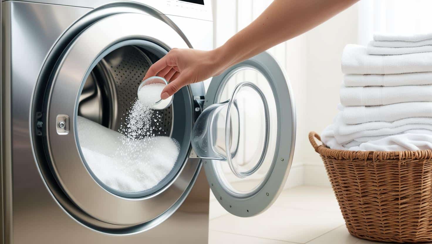 Entretien du Linge avec les Cristaux de Soude main versant des cristaux de soude directement dans le tambour d’une machine à laver.
Une pile de linge blanc propre en arrière-plan pour illustrer l’efficacité.
Un panier en osier rempli de linge fraîchement lavé