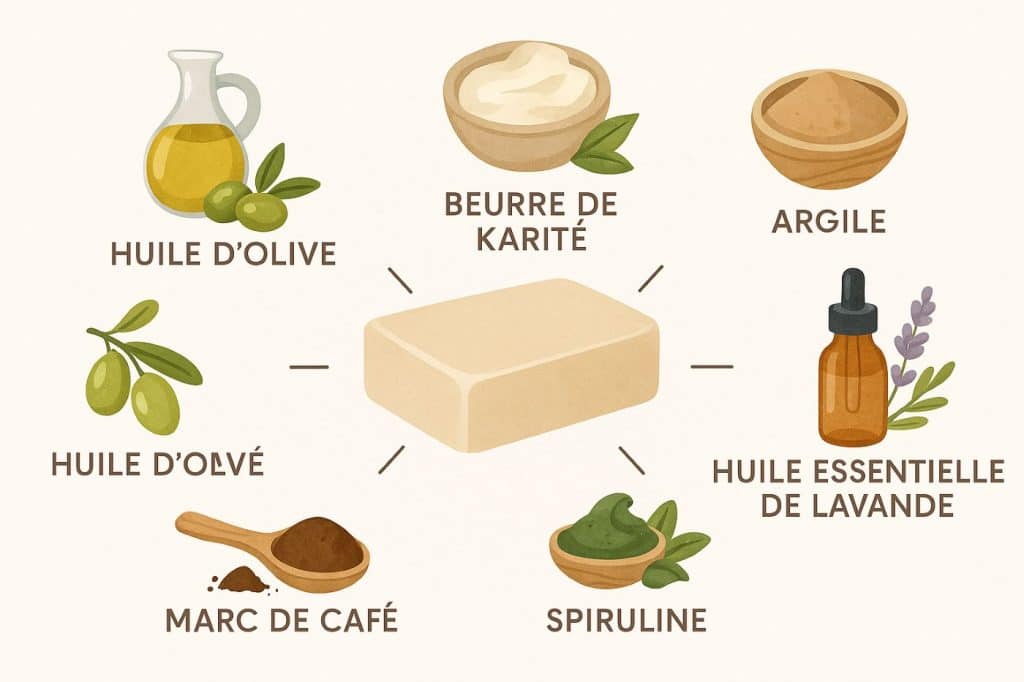 Infographie des ingrédients naturels utilisés pour fabriquer un savon maison sans produits chimiques