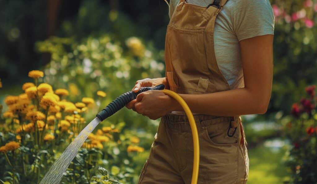 tuyau d'arrosage jaune femme arrose ses plantes de couleur jaune