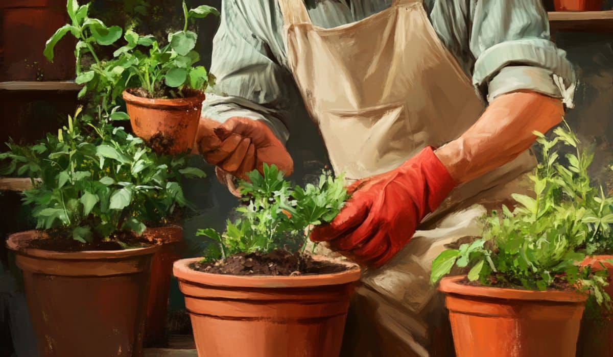 Bouture et rempotage d'une plante d'intérieur en pot avec des gants de jardinage