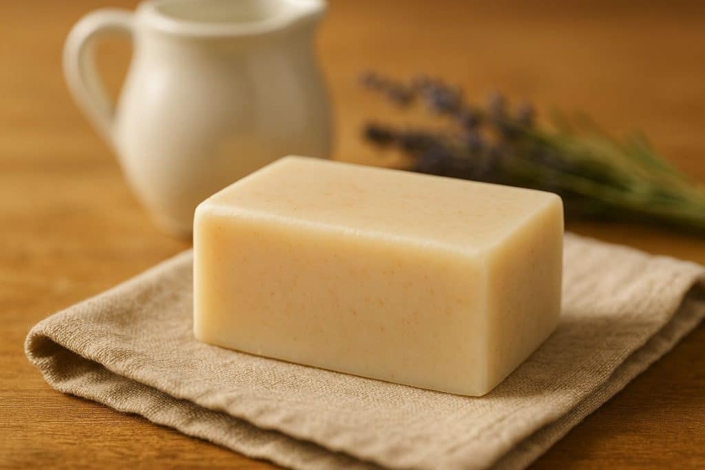 Savon artisanal au lait de chèvre, posé sur une serviette naturelle avec fond lavande