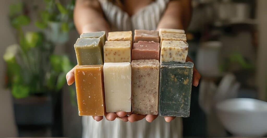 pain de savon naturel sans produit chimique dans les main plusieurs couleurs